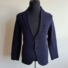 Brand New With Tag. Made In Austria. Made Of 100% Merino Wool Fitted Blue Cardigan With Pockets, Fitted Blue Wool Cardigan, Fitted Business Cardigan, Fitted Navy Cardigan For Work, Classic Fitted Blue Cardigan, Blue Long Sleeve Cardigan For Formal Occasions, Blue Long Sleeve Formal Cardigan, Casual Blue Wool Blazer, Knit Blazer