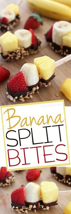 bananas, strawberries and other fruit are arranged on a cutting board with the words banana split bites