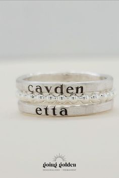 Looking for personalized kids name rings & mom jewelry to keep your children's love close? Discover our beautiful silver kids name ring stacks, the perfect sentimental gift for mom's birthday or moms-to-be! These stackable kids name rings are the perfect simple meaningful jewelry pieces to add to your collection or gift to moms. Shop all of our custom personalized jewelry and gold name rings here! Adjustable Double Band Stackable Rings For Anniversary, Custom Name Adjustable Stackable Rings, Adjustable Stackable Rings With Custom Name, Customizable Sterling Silver Stackable Rings For Everyday, Custom Name Sterling Silver Ring, Sterling Silver Rings With Names For Mother's Day, Customizable Engraved Round Ring For Everyday, Adjustable Personalized Stackable Rings, Sterling Silver Name Rings For Mother's Day