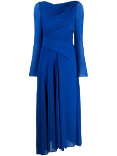 royal blue stretch-design ruched detailing boat neck rear zip fastening long sleeves slim cut fishtail design floor-length Long Sleeve Ruched Evening Dress, Long Sleeve Ruched Evening Dress For Formal Occasions, Formal Long Sleeve Ruched Evening Dress, Long Sleeve Ruched Evening Dress For Gala, Ruched Long Sleeve Evening Dress For Gala, Formal Long Sleeve Evening Dress With Ruched Bodice, Fitted Blue Evening Dress With Draped Sleeves, Blue Evening Dress With Draped Sleeves, Blue Evening Dress With Draped Sleeves For Formal Events