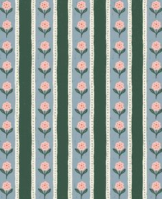 a blue and green striped wallpaper with pink flowers