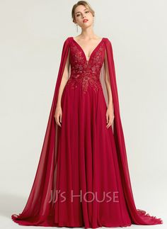 [US$ 176.00] A-Line V-neck Floor-Length Chiffon Evening Dress With Sequins