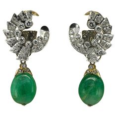 Gold Hallmarks, Emerald Earrings Drop, Diamond Top, Italy Rome, Night Day, Deco Earrings, Leaf Motif, Art Deco Earrings, Day For Night