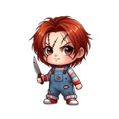 a cartoon character holding a knife with blood on it's face and wearing overalls