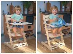 two pictures of a little boy sitting in a high chair