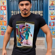 Mexican Loteria  printed black T-shirt. These shirts are professionally silk screened. The soft and durable cotton and amazing print are very long lasting. Ideal for any occasion. Very unique tee shirt Sizes Small (S) Medium (M) Large (L) Extra Large (XL) XXL (2XL) Delivery in  10 days Materials 100% Cotton Black Graphic Tee With Printing, Black Printed Graphic Tee Shirt, Black Print Screen Printed Short Sleeve T-shirt, Black T-shirt With Screen Print, Black Shirt With Custom Print For Fan Merchandise, Black Shirt With Custom Print For Fans, Black Short Sleeve Printed T-shirt, Black Printed Short Sleeve T-shirt, Black Printed Crew Neck Top