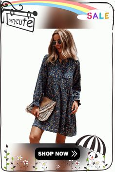 Navy Blue Floral Print Lace-up Long Sleeve Dress Blue Mini Dress With Ditsy Floral Print For Vacation, Blue Ditsy Floral Mini Dress For Spring, Blue Mini Dress With Ditsy Floral Print For Spring, Blue Ditsy Floral Print Mini Dress For Day Out, Blue Floral Dress With Ditsy Floral Print, Chic Blue Floral Dress With Ditsy Print, Blue Ditsy Floral Midi Dress For Beach, Chic Blue Midi Dress With Ditsy Floral Print, Blue Midi Dress With Ditsy Floral Print For Beach