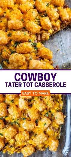 cowboy tater tot casserole in a glass dish with the title overlay