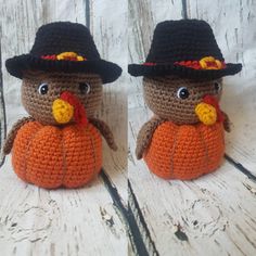 two crocheted stuffed turkeys wearing hats