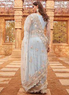 Light Dusty Blue Embroidered Net Saree– Lashkaraa Blue Net Saree, Light Blue Saree, Lehenga Ideas, Light Dusty Blue, Bride Reception Dresses, Reception Dresses, Net Blouse, Net Blouses, Mermaid Bridesmaid Dresses