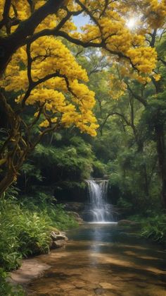 a painting of a waterfall surrounded by trees with yellow flowers in the foreground and green foliage on either side