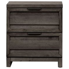 a wooden nightstand with two drawers and one drawer open on the bottom, in grey wood