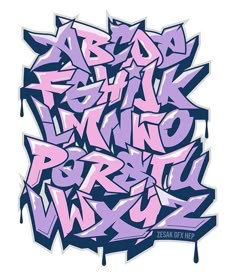 some type of graffiti written on the side of a white wall with blue and pink spray paint