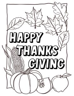 happy thanksgiving coloring page with pumpkins and corn on the cob