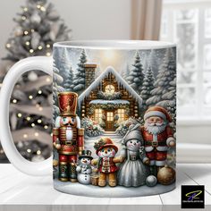 a coffee mug with a christmas scene on it