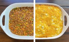 two pictures side by side showing the same casserole dish before and after it has been cooked