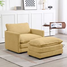 a yellow chair and ottoman in a living room with a white rug on the floor