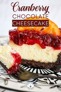 This cranberry chocolate cheesecake is a tantalizing and vibrant dessert you'll want to try out for the upcoming holiday season! Cranberry Chocolate, Most Pinned Recipes, Cranberry Cream Cheese, Recipe Boards, Great Desserts, Chocolate Cheesecake, Vegetarian Cheese, Cheesecake Recipes, Christmas Treats