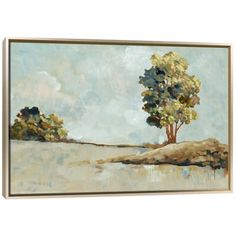 an oil painting on canvas of trees in the distance with water and sky behind it