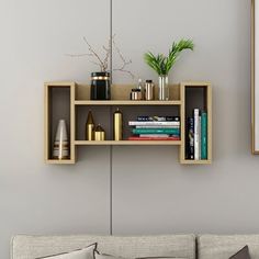 a living room with a couch and some bookshelves on the wall above it