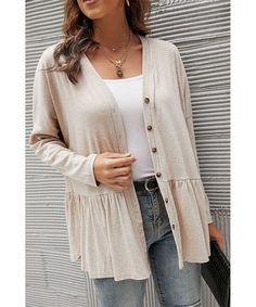 Everyday Peplum Long Ruffle Cardigan Jolie Vaughan | Online Clothing Boutique near Baton Rouge, LA Fall V-neck Top With Ruffle Hem, V-neck Ruffled Cardigan For Layering, Casual Long Sleeve Ruffle Cardigan, Casual Ruffled Cardigan For Fall, Casual Peplum Tops For Fall, Ruffled V-neck Layering Cardigan, Ruffled V-neck Cardigan For Layering, Peplum Cardigan, Ruffle Cardigan