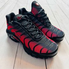 Nike Air Max Plus Bred Reflective Black Red Dz4507-600 New Men's Shoes Size 4 Red Breathable Slip-on Running Shoes, Red Breathable Low-top Running Shoes, Red Breathable Slip-on Sneakers, Red Breathable Lace-up Custom Sneakers, Red Breathable Synthetic Sneakers, Red Slip-on Breathable Running Shoes, Breathable Red Slip-on Running Shoes, Red Breathable Sneakers With Round Toe, Red Breathable Lace-up Sneakers