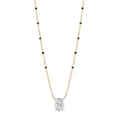 Discover the Deepika Mangalsutra, where timeless tradition meets modern sophistication. This elegant necklace features a vertically set brilliant oval certified lab-grown diamond in a fixed pendant, with options ranging in diamond size and grade. Crafted from luxurious 18k gold—available in yellow, white, or rose—it is accented with five evenly spaced black beads on each side of the chain and a diamond ranging in size and grade. The Deepika Mangalsutra transcends mere adornment; it's an embodime Deepika Mangalsutra, 18k Gold Chain, Elegant Necklace, Elegant Necklaces, Diamond Sizes, Lab Diamonds, Black Beads, 18k Rose Gold, Lab Grown