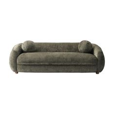 a gray couch with two pillows on it's back and one arm extended to the side