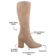 Introducing Ameylia by Journee Collection, the perfect knee-high boot that combines style and comfort. These boots feature a chic pointed-toe design and center seam detail, adding a touch of elegance to any outfit. With a 3-inch block heel and convenient zipper entry, Ameylia offers a walkable lift. Made with vegan leather and equipped with a 4 mm Tru Comfort Foam insole, these boots are a wardrobe staple, providing exceptional cushioning and support. Available in wide-width footbed and wide-cal Boots Beige, Wide Calf, Journee Collection, Toe Designs, Knee High Boots, A 4, Wardrobe Staples, Knee High, Block Heels