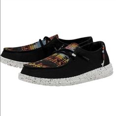 New Wendy Black Distressed Aztec 2022 Black Canvas Sneakers For Fall, Casual Textile Sneakers For Fall, Casual Multicolor Fall Sneakers, Black Casual Sneakers For Fall, Casual Black Sneakers For Fall, Casual Black Fall Sneakers, Black Sneakers With Cushioned Footbed For Fall, Aztec Shoes, Hey Dude Shoes