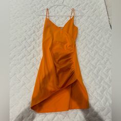 Orange Zara Mini Dress With Ruching On The Side! Nwt Never Worn! Material Is Stretchy And There Is No Zipper So You Can Just Slip It On Summer Mini Dress In Orange, Summer Knee-length Orange Mini Dress, Chic Orange Mini Dress With Spaghetti Straps, Orange Spaghetti Strap Mini Dress For Date Night, Orange Sundress Mini Dress, Zara Orange V-neck Midi Dress, Spring Orange Ruched Midi Dress, Zara Orange V-neck Mini Dress, Orange Ruched Summer Mini Dress