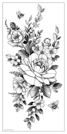 a black and white drawing of flowers on a white background with a bee flying by