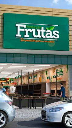 two cars are parked in front of a fruit's store with the door open