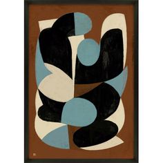 an abstract painting with black, blue and white shapes on brown paper framed in a wooden frame