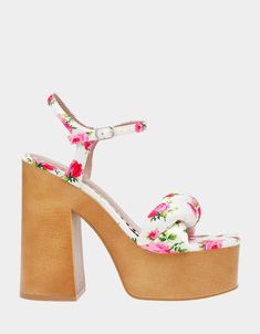 MANDEE WHITE MULTI | Women's Floral Heel – Betsey Johnson Fabric Platform High Heel Sandals, Fabric High Heel Platform Sandals, High Heel Fabric Platform Sandals, White Floral Print Sandals For Spring, White Floral Print High Heel Sandals, White Sandals With Floral Print For Spring, White High Heel Sandals With Floral Print, White Ankle Strap Heels With Floral Print, White Fabric Open Toe Heels