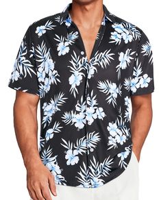 PRICES MAY VARY. Wrinkle-free Fabric -- The beach vacation shirt is made of 88% polyester and 12% spandex for good breathability and elasticity. This fabric is durable and does not wrinkle easily, bring a more comfortable wearing experience. Features -- Short sleeve and button closure design, lightweight and stretchable. The stretch hawaiian shirt show your unique style and fashion. Various Occasions -- Unique printed button-down shirt are suitable for daily wear, party, cruising, beach, luau an Black Shirt For Beach Season, Black Button-up Hawaiian Shirt For Beach, Summer Beach Short Sleeve Shirt With Palm Tree Print, Black Button-up Camp Shirt For Beach, Casual Short Sleeve Printed Swimwear, Casual Printed Swimwear With Short Sleeves, Casual Printed Short Sleeve Swimwear, Black Button-up Camp Shirt For The Beach, Black Hawaiian Shirt With Camp Collar For Beach