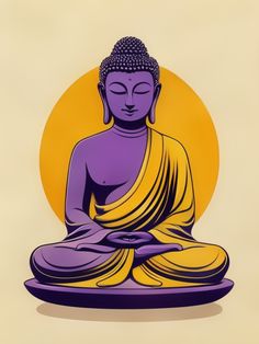 a purple and yellow buddha statue sitting in front of an orange circle with the sun behind it