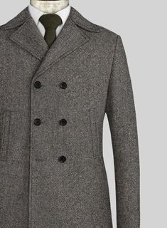 To stand out sartorially in the office is to walk in the Gray Herringbone Flecks Donegal Tweed Pea Coat. Crafted from pure wool, the fabric reflects the colorful and wild landscape that has inspired the weavers for hundreds of years, making the Donegal tweed so unique. The gray peacoat is evergreen and contemporary at the same time, allowing you to look the best all day.  Look Includes   Gray Herringbone Flecks Donegal Tweed Fabric  Horn Royal Black Buttons  Side Pockets    Click 'Customize Now' Tweed Notch Lapel Outerwear For Office, Tweed Outerwear With Notch Lapel For Office, Tailored Herringbone Outerwear For Semi-formal Occasions, Office Tweed Outerwear With Notch Lapel, Wool Double-breasted Outerwear For Semi-formal Occasions, Winter Tweed Jacket For Office With Concealed Placket, Winter Office Tweed Jacket With Concealed Placket, Wool Tweed Jacket With Double-breasted Buttons For Office, Office Wool Tweed Jacket With Double-breasted Buttons