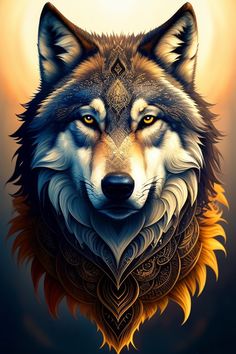 a painting of a wolf with yellow eyes