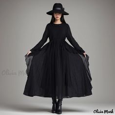 Olivia Mark - Serene Elegance Vestido Swing de Lino de Algodón con Gracioso Dobladillo de Hoja de Loto y Cinturón de Ajuste Holgado - Negro Black Flowy Maxi Dress For Fall, Black Bohemian Dress For Winter, Elegant Black Dress, Dress Knit, Lotus Leaf, Belt Black, Black Maxi, Knit Vest, Types Of Skirts