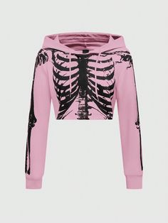 Women's Short Black Skeleton Print Hoodie Pink Casual  Long Sleeve Fabric Halloween,Plain Zip Up Slight Stretch  Women Clothing, size features are:Bust: ,Length: ,Sleeve Length: Crazy Leggings, Gothic Hoodies, Punk Woman, Black Skeleton, Pastel Goth Fashion, Skull Clothing, Skeleton Print, Rose Bonbon, Grunge Punk