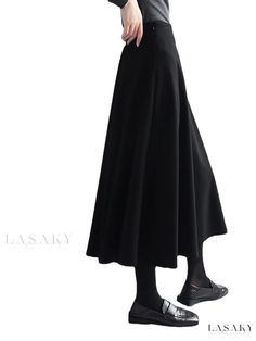 Lasaky - Wool High-Waisted Skirt with Dual Pockets - Elegant and Stylish Winter Wide-leg Solid Color Skirt, Winter Wide Leg Solid Color Skirt, Non-stretch Full Skirt For Winter, Non-stretch Full Maxi Skirt, Black Full Length Winter Skirt, Fall High-waist Stretch Maxi Skirt, Non-stretch Winter Flared Maxi Skirt, High Waist Solid Color Maxi Skirt For Fall, Fall High Waist Stretch Maxi Skirt