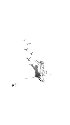 a black and white drawing of a person standing on a tightrope with birds flying overhead