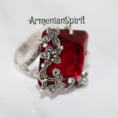 Armenian jewelry Red stone rings Silver with big stone Marcasite jewelry Beatiful ring red stone STE Fine Jewelry Ruby Gift, Red Sterling Silver Fine Jewelry, Red Gemstone Accent Jewelry For Party, Red Jewelry With Gemstone Accents For Party, Red Gemstone Accented Jewelry For Party, Elegant Jewelry With Accent Stones For Party, Red Party Jewelry With Gemstone Accents, Elegant Party Jewelry With Accent Stones, Red Fine Jewelry As A Gift