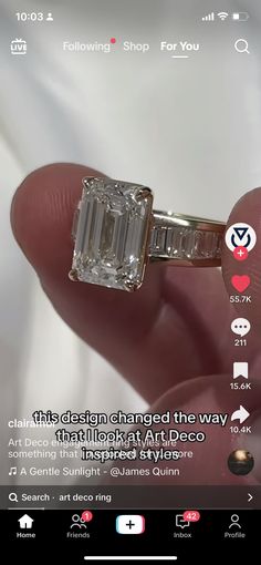 someone is holding an engagement ring in their hand with the words, this design changed the way that it appears to be art deco