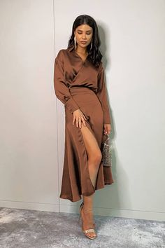 Silk-like Satin Skirt Suit Set – IFAUN Solid Long Sleeve Skirt Suit For Fall, Elegant Fitted Solid Color Skirt, Fall Long Sleeve Skirt Suit, Fall Party Skirt For Office Lady, Fall Party Skirt For Office, Fall Party Office Lady Skirt, Fitted Solid Color Evening Skirt, Elegant Solid Long Sleeve Skirt Suit, Formal Office Lady Skirt For Fall