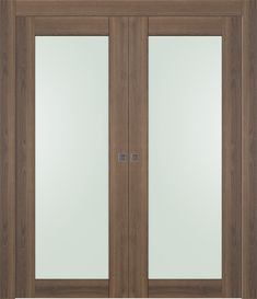 a double door with frosted glass on the front and side doors, in dark wood