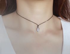 Dainty Adjustable Moonstone Necklace, Adjustable Moonstone Choker Necklace, Minimalist Adjustable Hand Wrapped Necklaces, Minimalist Jewelry With Adjustable Cord For Festival, Adjustable Moon Charm Choker As A Gift, Adjustable Moon Charm Choker For Gift, Handmade Minimalist Jewelry With Waxed Cord, Boho Choker Necklace, Cord Lace