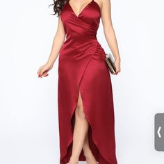 Brand New Red Fitted Satin Dress For Prom, Glamorous Satin Maxi Dress For Night Out, Satin V-neck Party Dress, V-neck Maxi Dress For Date Night, Flirty Sleeveless Maxi Dress For Formal Occasions, Flirty V-neck Maxi Dress For Evening, Flirty Satin Dress With Spaghetti Straps For Party, Pink Satin Spaghetti Strap Dress For Night Out, Pink Satin Dress With Spaghetti Straps For Night Out