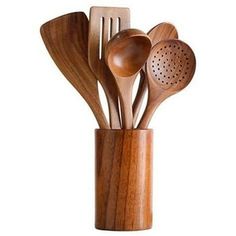 wooden utensils and spoons in a holder